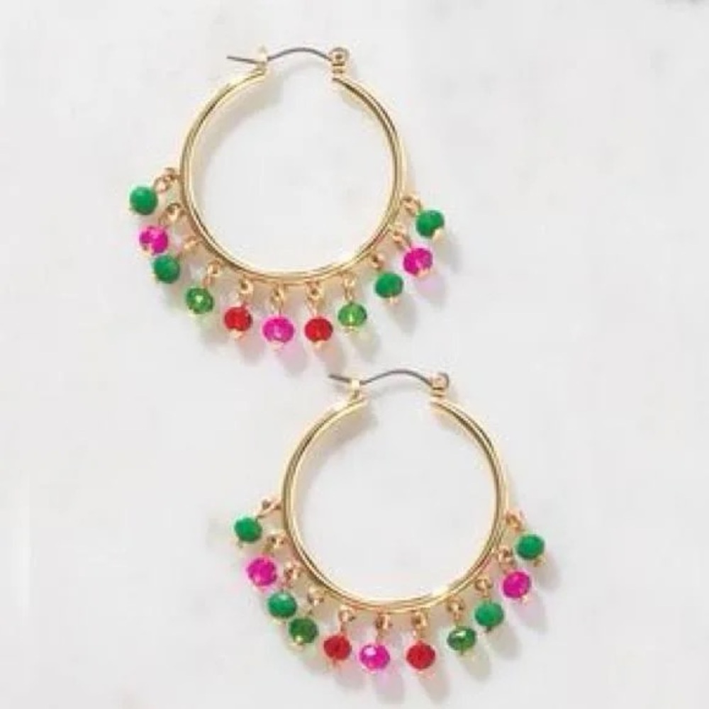 Gold Hoop Earrings with Green and Pink Accents